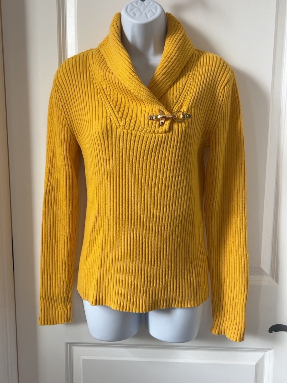 Lauren Ralph Lauren Mustard Ribbed Cotton Shawl Collar Sweater Small